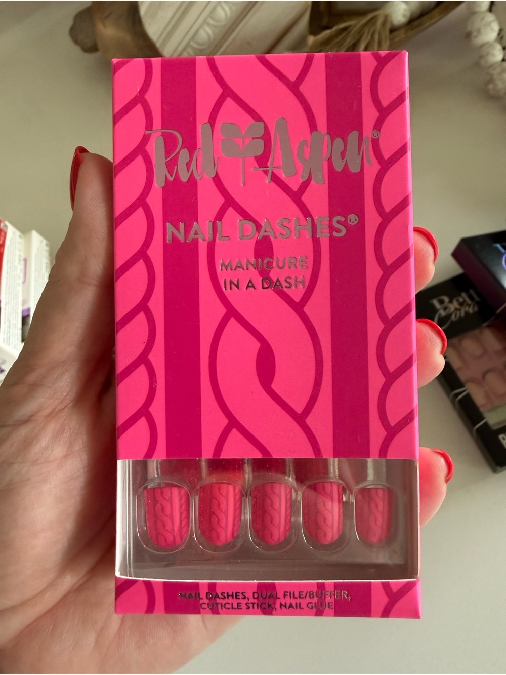 Red Aspen Pink Nail Dashes Glue On Nails Sweater Design